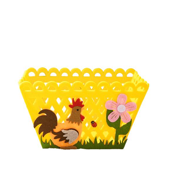 Easter Colorful Rooster Storage Basket - Felt Decorative Container with Cutout Lattice Edge & Flower Applique, Cute Organizer for Home Display