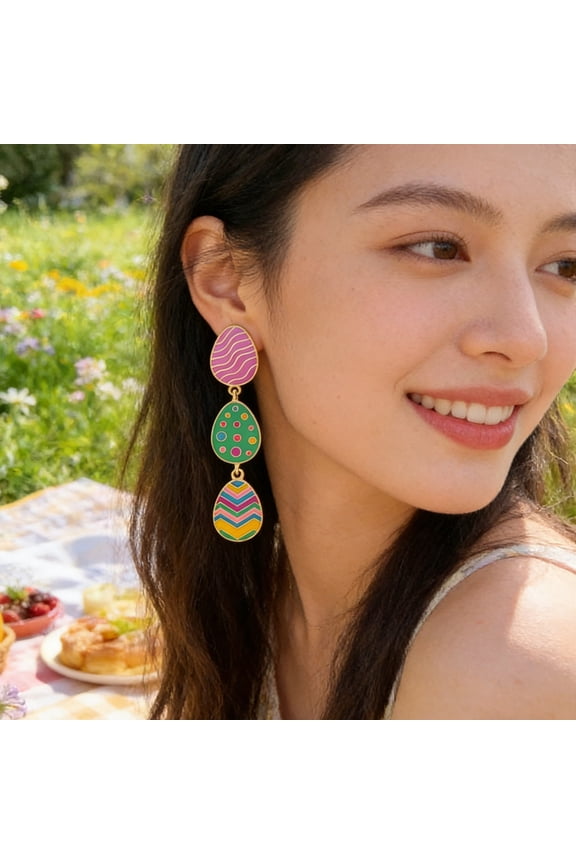 Home Easter Colorful Three Tiered Egg Pendant Earrings Alloy Drop Earrings for Women Party Jewelry