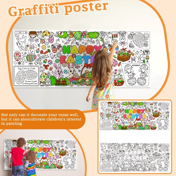 Easter Coloring Poster For, Diy Graffiti Scroll With Bunny & Egg Designs, Party Decoration For Easter Carnival, Classroom Activity, Home Decor - 1Pc