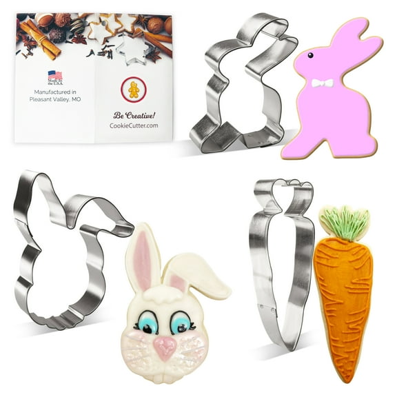 Easter Cookie Cutter 3 Pc Set HS0437 includes: 4 in Bunny Floppy Ear, 3 in Bunny Rabbit, 5.5 in Carrot, Special Sugar Cookie Recipe - USA