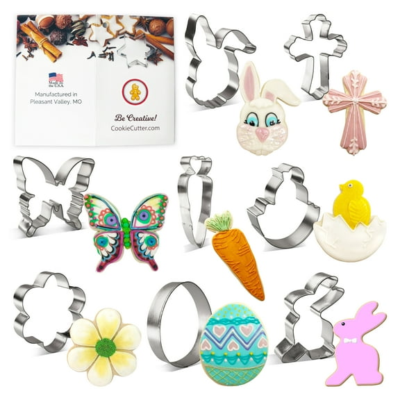 Easter Cookie Cutter 8 Pc Set HS0435 - 4 in Bunny Rabbit, 4 in Chick in Egg, 3.75 in Egg, 4.5 in Butterfly, 5 in Fancy Cross, 3.75 in Scallop Flower, 3 in Bunny Rabbit, 5.5 in Carrot, Recipe - USA
