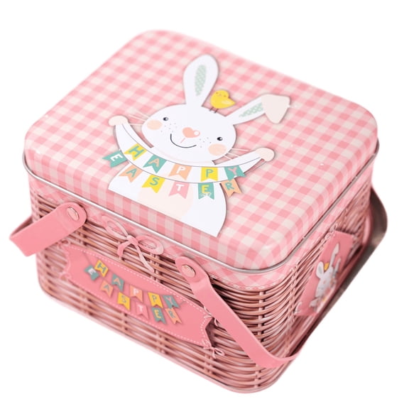 Easter Cookie Tins Metal Container with Handle and Lid Cute Easter Bunny Candy Box for Spring Easter Party Wedding Birthday Home Decor (A)