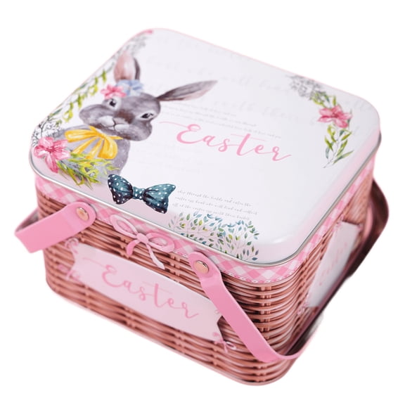 Easter Cookie Tins Metal Container with Handle and Lid Cute Easter Bunny Candy Box for Spring Easter Party Wedding Birthday Home Decor (F)