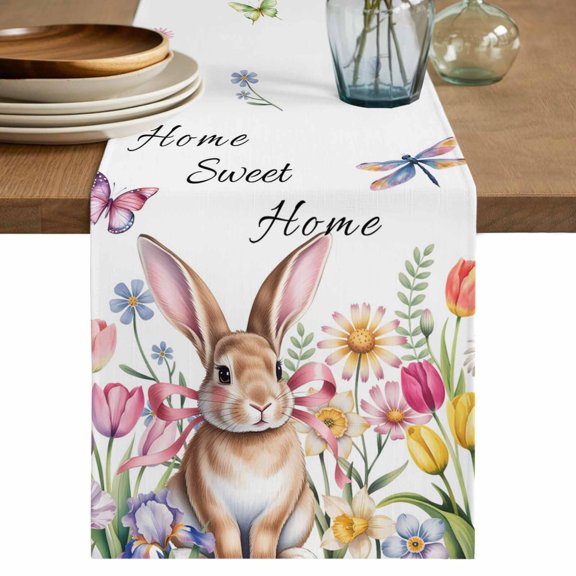 Easter Cotton Linen Table Runner for Dining Kitchen, Spring Watercolor Tulip Butterfly Flower Plant Wedding Outdoor Party Tablerunners, Dresser Scarf Coffee Tablecloth Runners 13x120 Inches