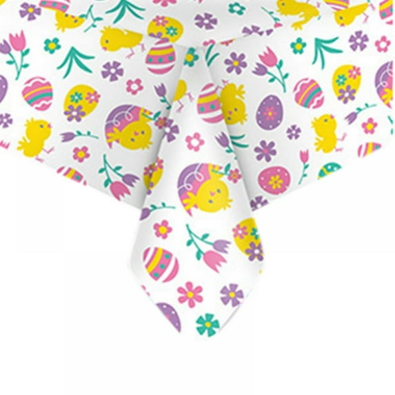 Easter Cotton Tail Bunny Vinyl Flannel Backed Spring Tablecloth - Cottage Bunny Rabbit, Easter Egg & Floral Wipe Clean Easy Care Vinyl Tablecloth, 54" x 108" Oblong/Rectangle