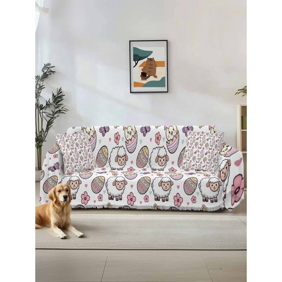 Easter Couch Cover, Cute Cartoon Sheep Chick Eggs Flowers Butterfly Sofa Cover Blanket for 1 Seat Cushion, Sectional Sofa Slipcover Furniture Protector for Living Room Bedroom 71''x91''