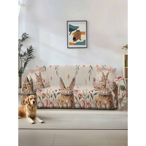 Easter Couch Cover for Dogs, Rustic Spring Rabbit Eggs Botanical Florals Herbs Washable Sofa Covers Slipcover for Pets Dogs Futon Cover, Couch Recliner Covers, Oversized Chair Slipcover 71"x91"