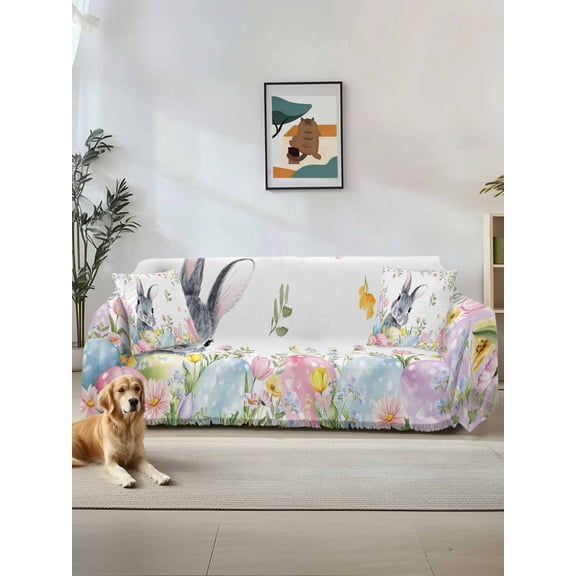 Easter Couch Cover for Dogs, Spring Rustic Botanical Floral Rabbit Eggs Leaves Washable Sofa Covers Slipcover for Pets Dogs Futon Cover, Couch Recliner Covers, Oversized Chair Slipcover 71"x91"