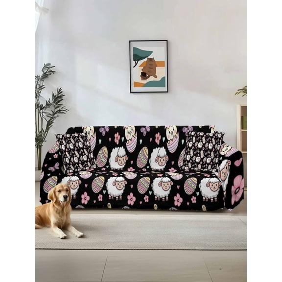 Easter Couch Cover for Dogs, Spring Sheep Chickens Eggs Butterfly Flowers Black Washable Sofa Covers Slipcover for Pets Dogs Futon Cover, Couch Recliner Covers, Oversized Chair Slipcover 71"x91"