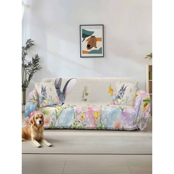 Easter Couch Cover Sofa Covers 3 Cushion Sectional Couch, Country Rabbit Eggs Botanical Flowers Leaves Washable Sofa Covers Slipcover Sectional Sofa Cover, Furniture Protector 71"x150"