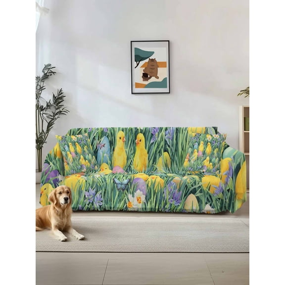 Easter Couch Cover Sofa Covers 3 Cushion Sectional Couch, Spring Chicken Colorful Eggs Grasses Flowers Washable Sofa Covers Slipcover Sectional Sofa Cover, Furniture Protector 71"x150"