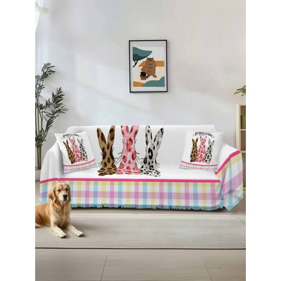 Easter Couch Cover Sofa Covers 3 Cushion Sectional Couch, Spring Colorful Leopard Printed Bunny Flower Striped Washable Sofa Covers Slipcover Sectional Sofa Cover, Furniture Protector 71"x150"