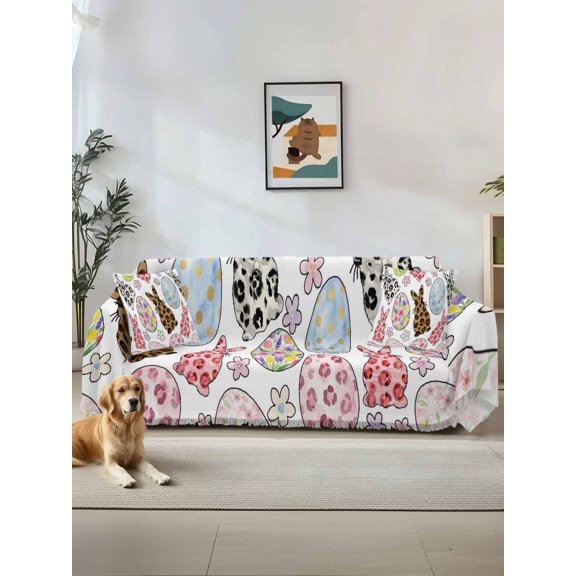 Easter Couch Cover Sofa Covers 3 Cushion Sectional Couch, Spring Leopard Prints Bunny Colorful Eggs Flower Washable Sofa Covers Slipcover Sectional Sofa Cover, Furniture Protector 71"x150"