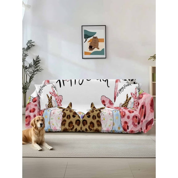 Easter Couch Cover Sofa Covers 3 Cushion Sectional Couch, Spring Watercolor Leopard Prints Bunny Flower Eggs Washable Sofa Covers Slipcover Sectional Sofa Cover, Furniture Protector 71"x150"