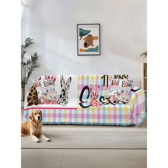 Easter Couch Cover, Spring Leopard Prints Colorful Bunny Eggs Striped Sofa Cover Blanket for Loveseat Couches, Sectional Sofa Slipcover Furniture Protector for Living Room Bedroom 71''x118''