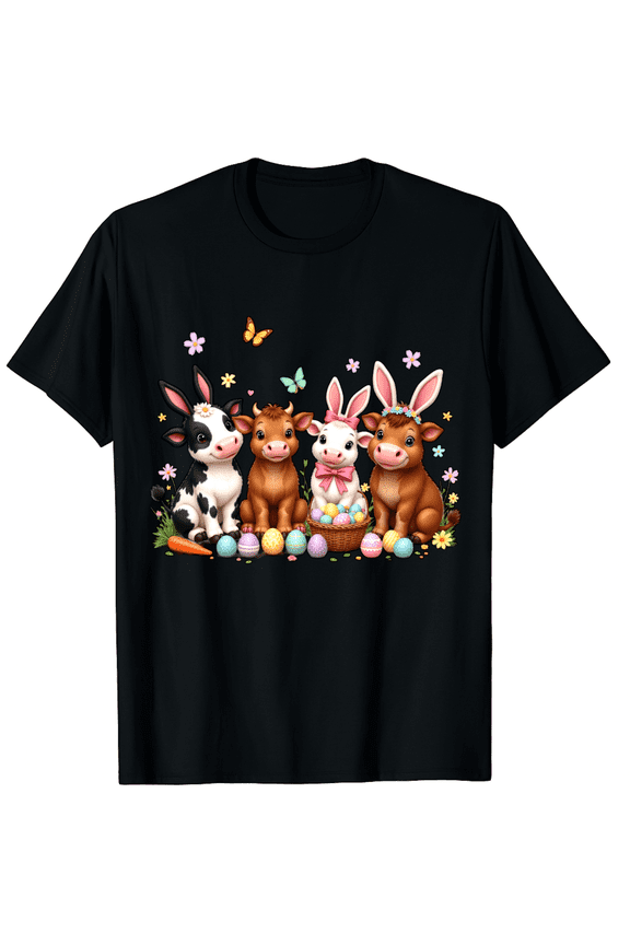 Easter Country Farm Animal Group Bunny Ears Short Sleeve T-Shirt for Women Men Cattle Donkey Holiday Graphic Top