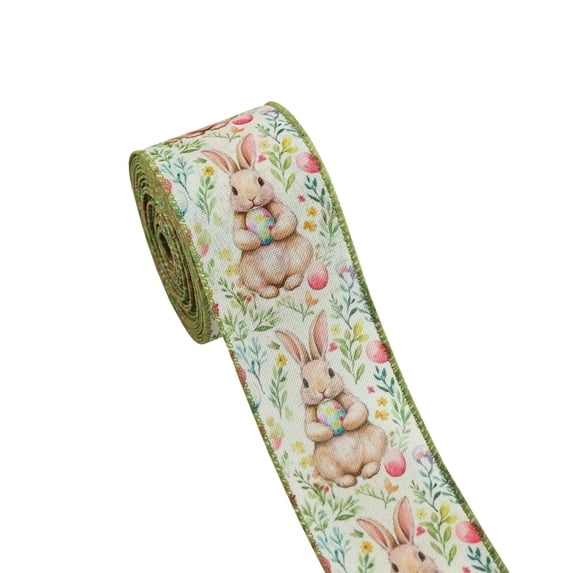 A Easter Craft Ribbon With Egg And Bunny Print, Wired Polyester For Wreath Making, Gift Wrapping And Spring Holiday Diy Projects 177.17X2.48X0.1In 0.2Lb