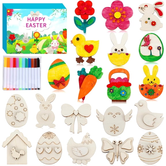 Easter Crafts for Kids, 36PCS DIY Wooden Magnet Painting Craft Kit with Paint Pens, Easter Bunny Egg Chick Art Set for Kids Easter Activities Party Favors Basket Stuffers