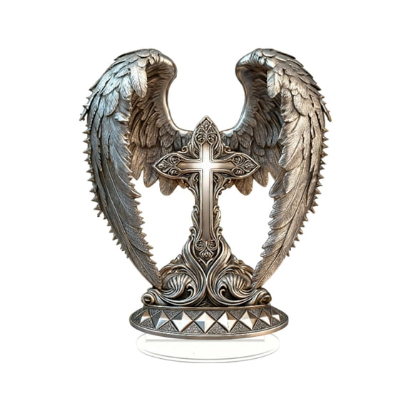 Easter Cross Angel Wing Acrylic Ornament, Flat Standing Decorative Display for Living Room, Office Desk, Shelf, Religious Home Decor