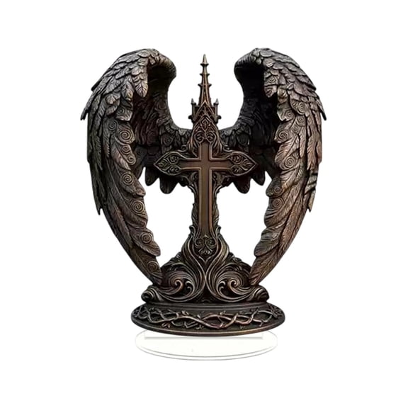 Easter Cross Angel Wing Acrylic Ornament, Flat Standing Decorative Display for Living Room, Office Desk, Shelf, Religious Home Decor