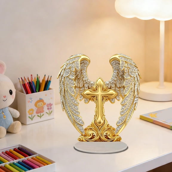 Easter Cross Angel Wings Acrylic Standing Ornament with Display Stand, Christian Desk Decor for Office or Living Room Shelf