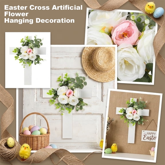 Easter Cross Artificial Flower Decoration, Holiday Party Wall Decoration, Outdoor Wreath, Door Hanging, Wall Hanging, Handcrafted Silk Floral Cross For Easter Celebration,