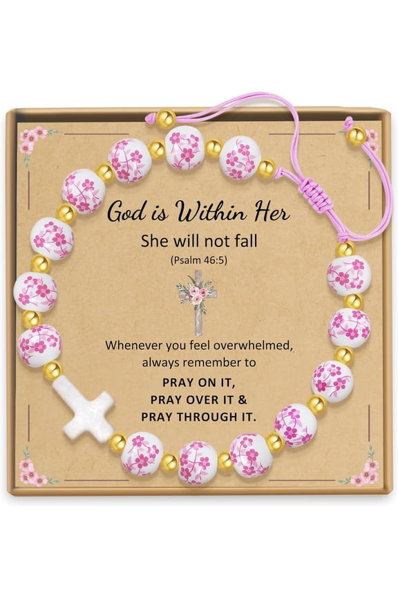 Easter Cross Bracelet for Gils - First Holy Communion Religious Gift, Pink Flower Christian Catholic Baptism Jewelry