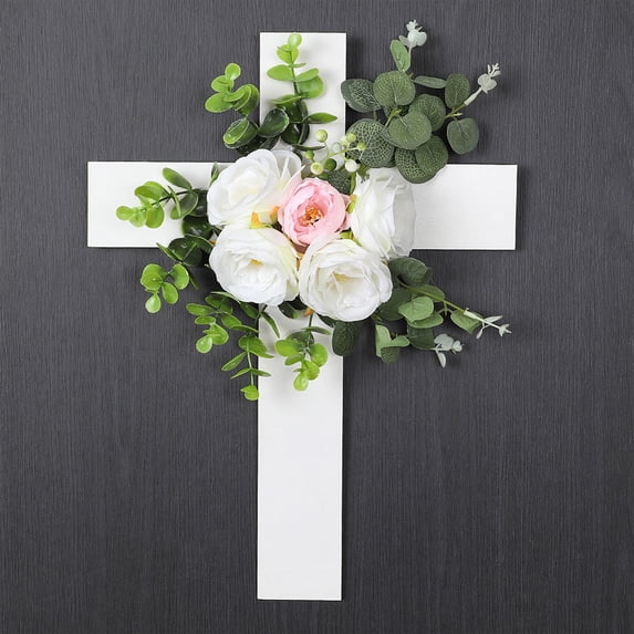 Easter Cross Door Hanging with Artificial Flowers Plastic Multicolor Spring Holiday Home Decor 16 Inch Waterproof for Wall Window Indoor Outdoor Church Religious Decorationsyligr