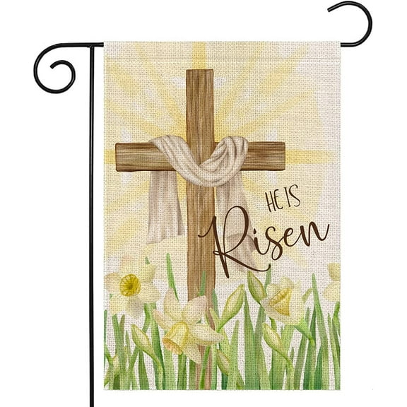 Easter Cross Garden Flag 12x18 Inch Double Sided,Religious Cross He is Risen with Narcissus,Small Spring Yard Flag for Outside Farmhouse Seasonal Holiday Outdoor Decor