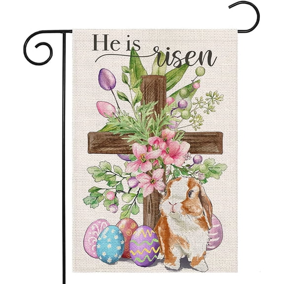 Easter Cross Garden Flag, Religious He Is Risen Design with Bunny, Eggs and Flowers, Double-Sided Outdoor Yard Decor, Small 12 x 18 Inch