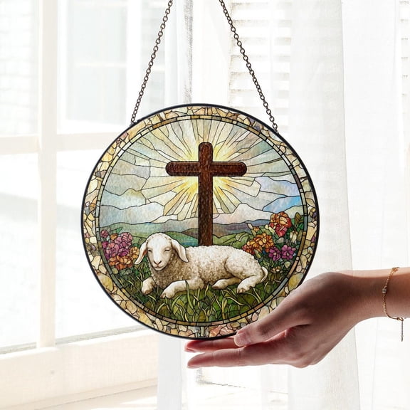 Easter Cross Glass Suncatcher, Lamb & Religious Decor, 3.5 in