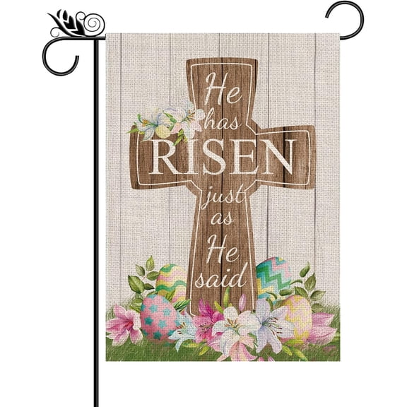 Easter Cross He is Risen Egg Flower Garden Flag 12.5x18in, Home Outdoor Yard Easter Lawn Garden Flag Decoration -A
