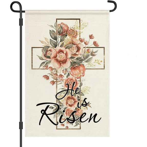 Easter Cross He is Risen Egg Flower Garden Flag 12.5x18in, Home Outdoor Yard Easter Lawn Garden Flag Decoration -D