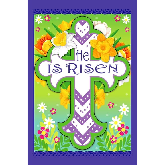 Easter Cross He is Risen Floral Spring Garden Flag 12x18 Inch Outdoor Yard Decoration