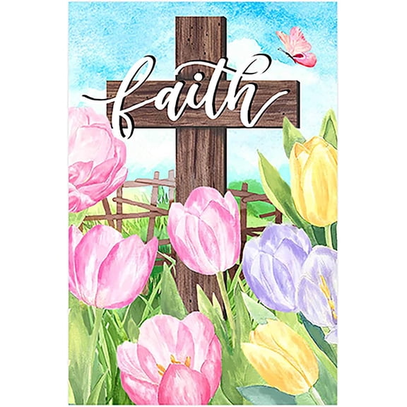 Easter Cross House Flag Decorative Spring Flower Religious Flag He is Risen 28 x 40 Inch