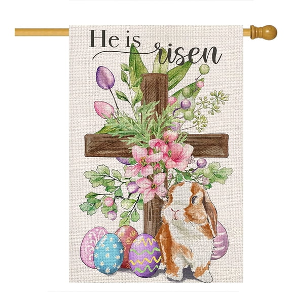Easter Cross House Flag for Outdoor,Religious Cross with Bunny Eggs Flowers Yard Flags for Outside,Spring Holiday Decorative Flag for Farmhouse Decor 28x40 Double Sided