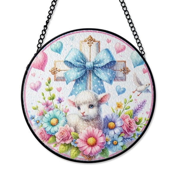 Easter Cross Lamb Suncatcher Faux Stained Glass UV Printed Religious Resurrection Round