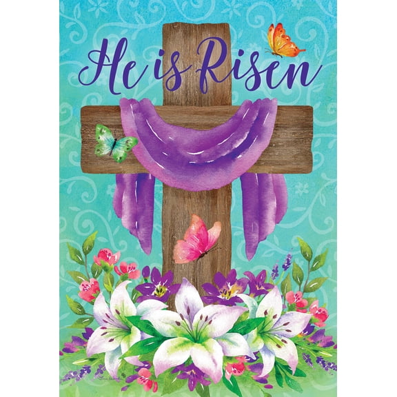 Easter Cross Lilies Butterflies He Is Risen Garden Flag