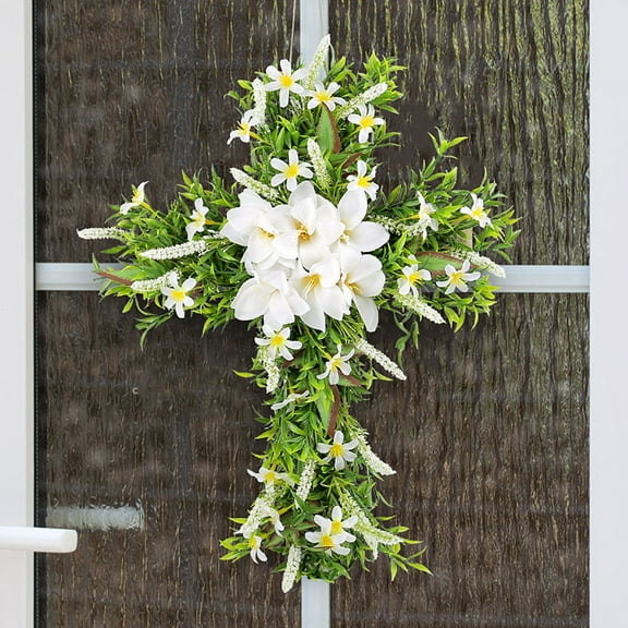 Easter Cross Lily Wreath - Wooden Frame Artificial Lily Wreath, Easter Door Hanging Home Decor, Durable Easy-to-Hang Wreath for Easter Celebrations & Spring Home Accents, 14.96*19.68in, Green