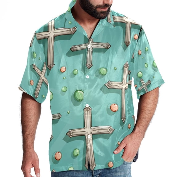 Easter Cross Men's Hawaiian Shirt, Short Sleeve Printed Button Down Beach Casual Tops, Summer Spread Collar Men's Shirts