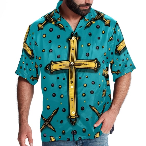 Easter Cross Men's Short Sleeve Beach Shirts, Casual Printed Button Down Summer Shirts for Men and Women