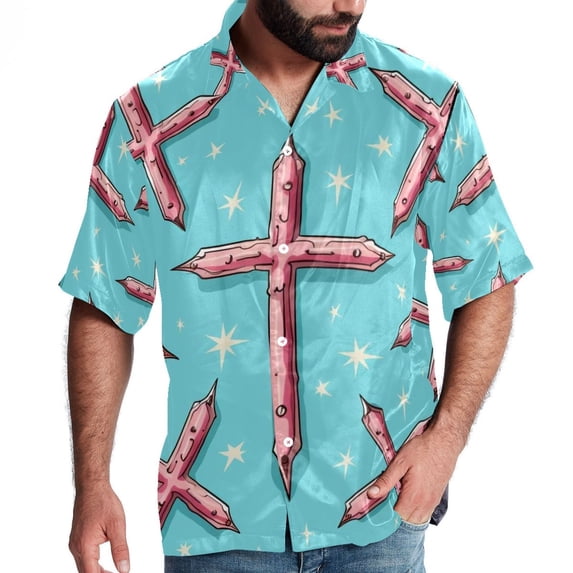 Easter Cross Men's Short Sleeve Beach Shirts Poplin Spread Collar Tops Casual Printed Button Down Summer Unisex