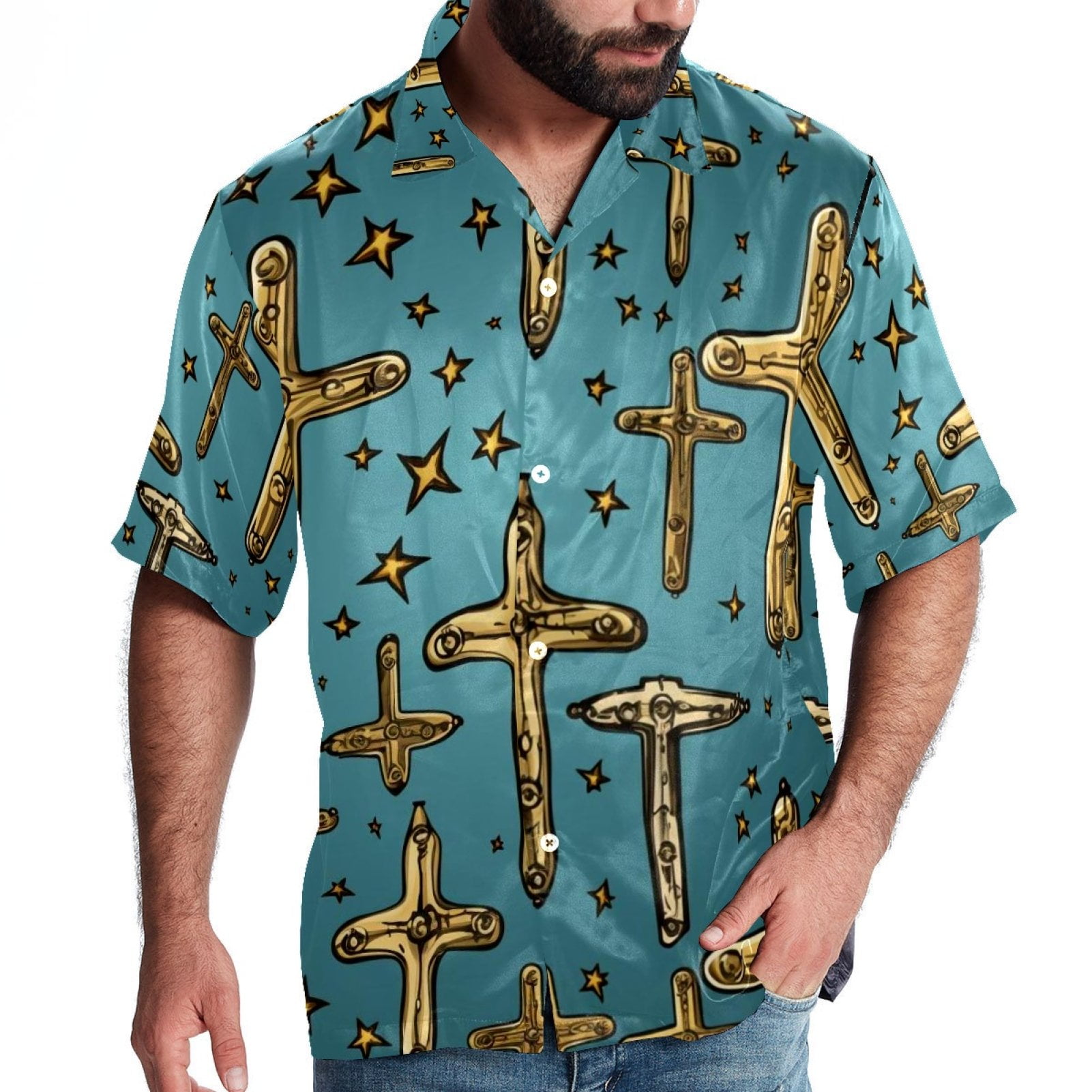 Easter Cross Men's Short Sleeve Poplin Shirt, Casual Printed Beach