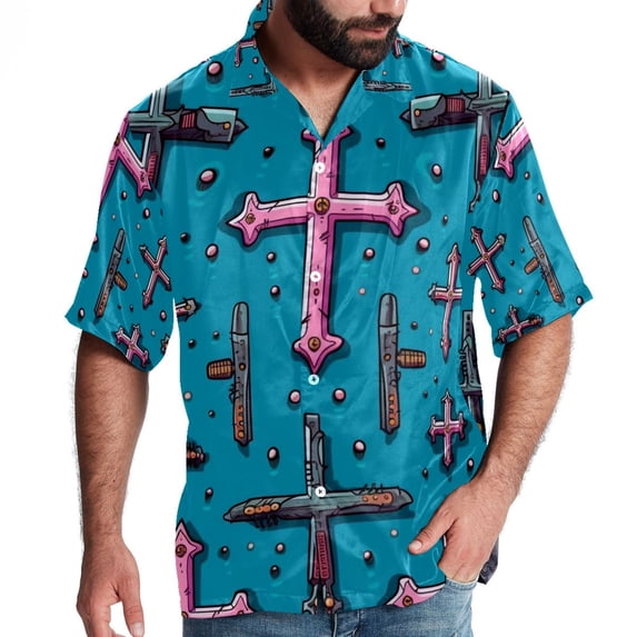 Easter Cross Men's Short Sleeve Poplin Shirt, Casual Printed Button Down Summer Beach Shirt - Unisex