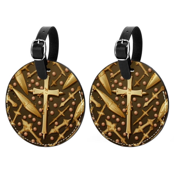 Easter Cross Set of 2pcs PU Leather Round Suitcase Tags with Privacy Cover and Name ID Tag - Ideal for Travel Luggage, Handbags, Backpacks, School Bags