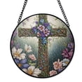 thumbnail image 1 of Easter Cross Spring Florals Suncatcher Stained Glass Style UV Printed Glass Religious Holiday Gift Round, 1 of 8