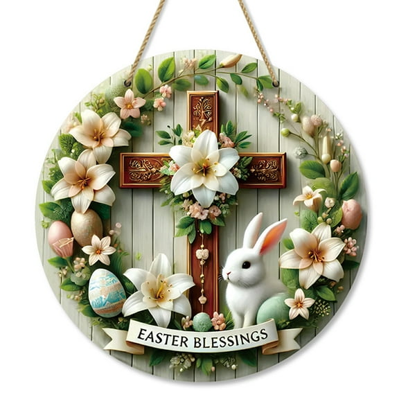 Easter Cross Wall Hanging Decor with Bunny and Flowers Design, 8.6 Inch Religious Spring Decor for Door Window or Home Holiday Display, Easter Wreath