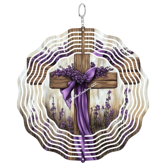 Easter Cross With Purple Ribbon 3D Wind Spinner, Religious Holiday Hanging Decor, Christian Garden Art, Faith Gift