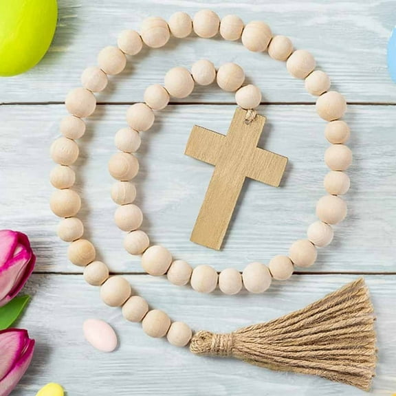 Easter Cross Wood Beads,Easter Wooden Beads,Handmade Beads Garland,Farmhouse Rustic Beads,Retro Bead Garland with Tassel,Easter Festival Decortive Beads String Ornaments