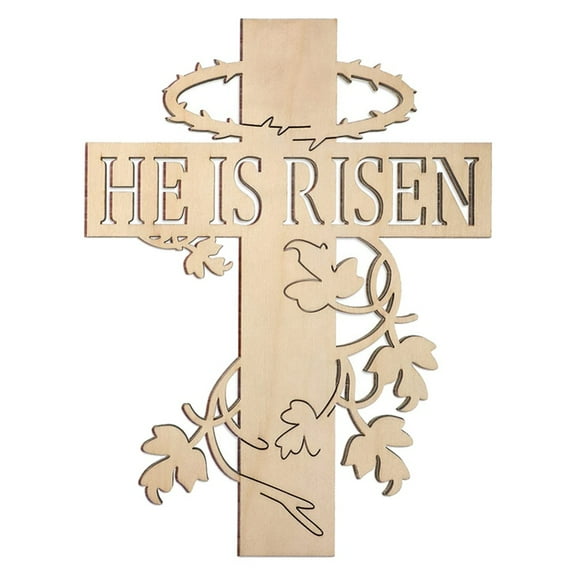 Easter Cross Wooden Carved Cross He is Risen Sign Spring Easter Door Wall Window Hanging Rustic Cross